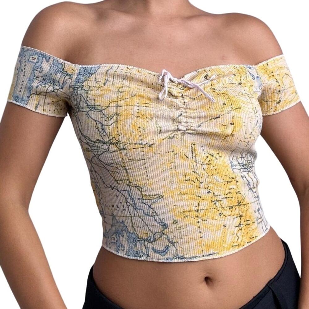 Urban Outfitters Map Print Crop Top Off The Shoulder Ruched Stretch Yellow Small